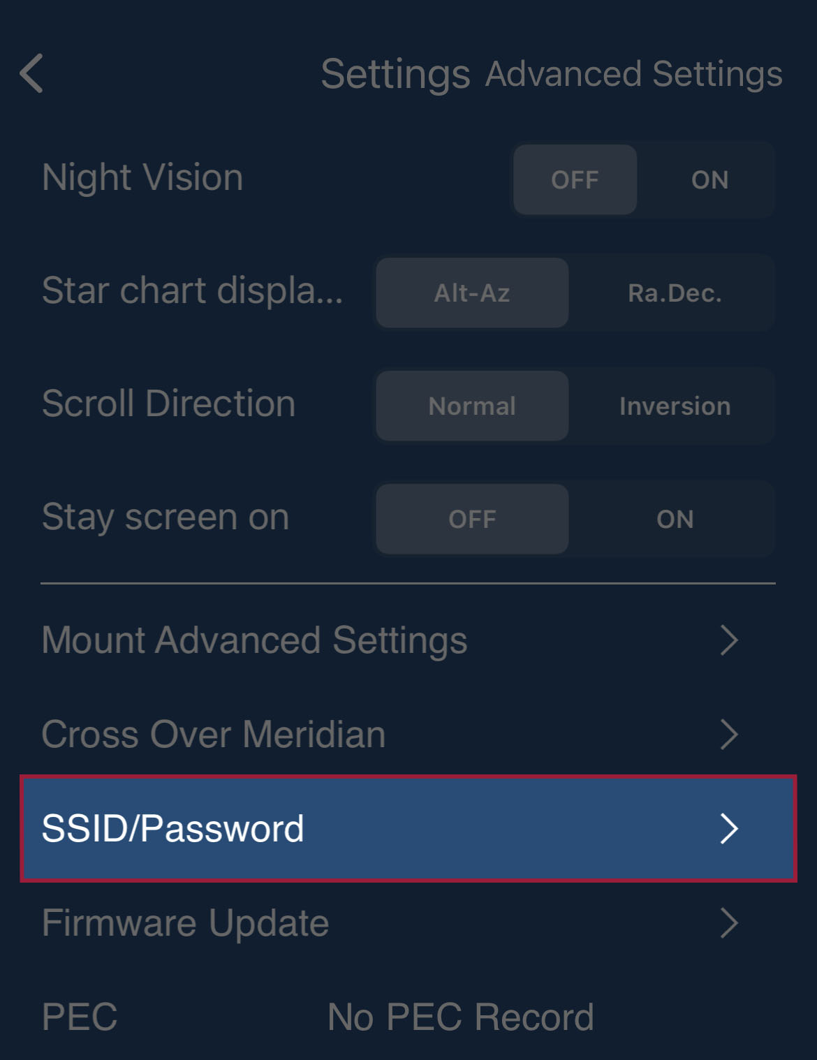 STAR BOOK Wireless app advanced settings