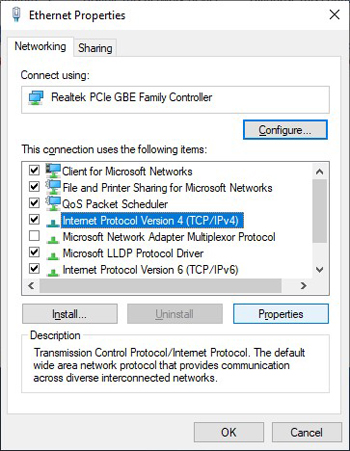 Select “Internet Protocol Version 4 (TCP/IPv4)” in “This connection uses the following items:” dialog box and click “Properties”.  The “Internet Protocol Version 4 (TCP/IPv4)” screen appears.