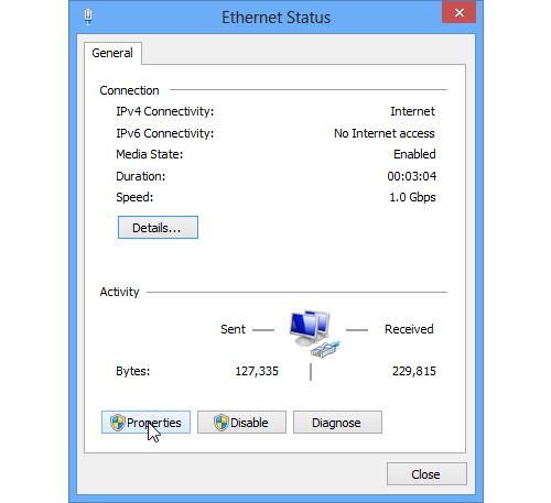 Click on Ethernet to go to Ethernet Status. Click the Properties button to display the Ethernet Properties dialog box.