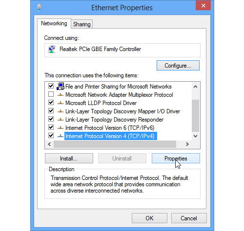 In the window of This connection uses the following items, scroll down the cursor to Internet Protocol version 4 (TCP/IPv4) to select. Click the Properties button in the lower right of the dialog box.